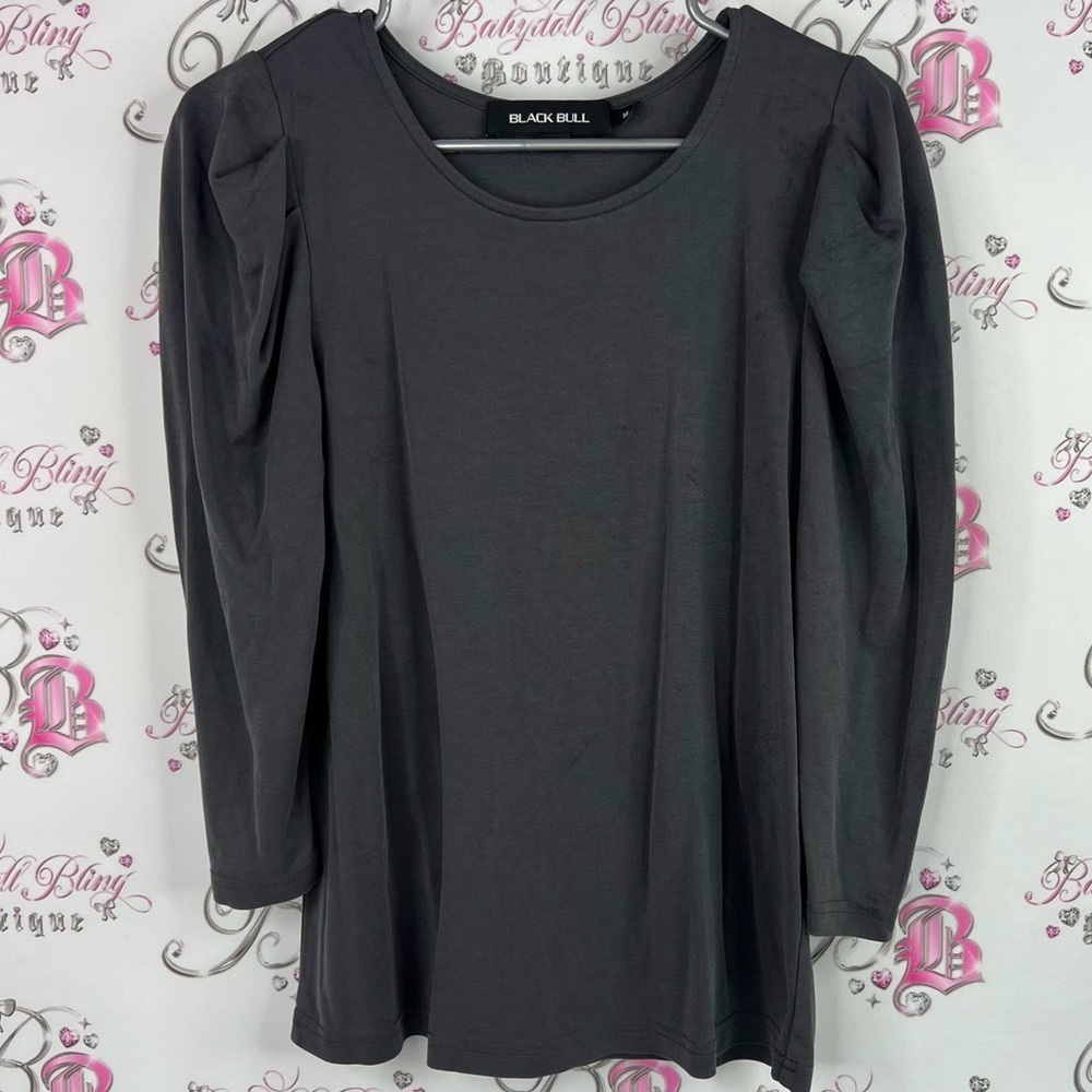 Black bull long sleeve puff shoulder top Women's Charcoal Blouse